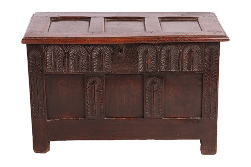 Lot 124 - A Charles II small, Child's three-panel oak...