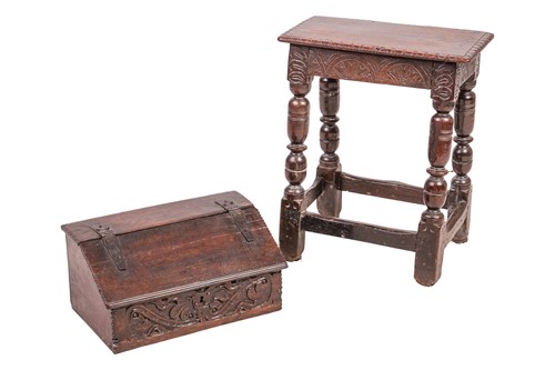 Lot A Charles I oak joint stool with a single...