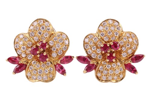 Lot 255 - A pair of ruby and diamond floral earrings,...