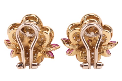 Lot 255 - A pair of ruby and diamond floral earrings,...