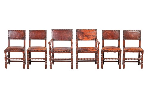 Lot 97 - A set of six Cromwellian-style oak and leather...