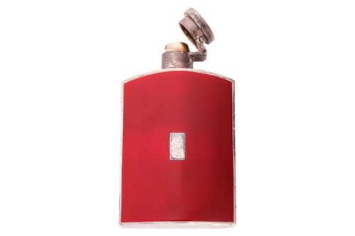 Lot 34 - A silver and red enamel hip flask, by Deakin &...