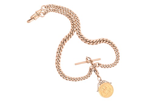 Lot A 9ct rose gold Albert chain with half...