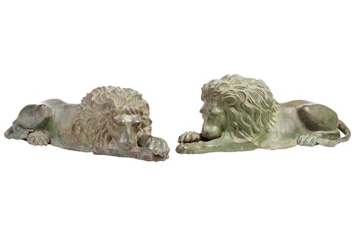 Lot 164 - A pair of large green-patinated bronze...