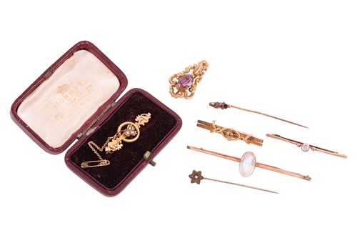 Lot 10 - A collection of bar brooches and stick pins;...