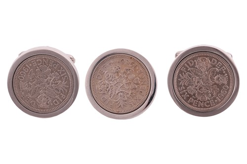 Lot 39 - A pair of sixpence cufflinks and a sixpence...