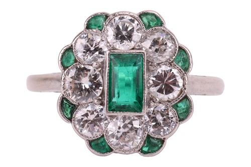 Lot An Art Deco emerald and diamond plaque ring, a...