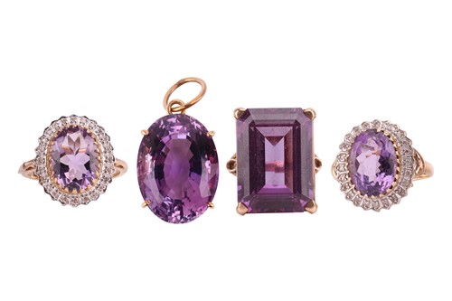 Lot Three gem-set rings and one amethyst pendant;...