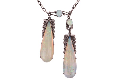 Lot An opal-set négligée necklace, suspending two...