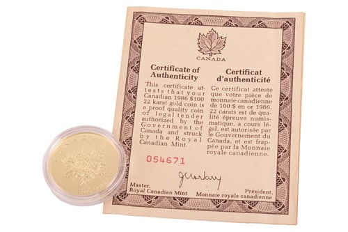 Lot 85 - Royal Canadian Mint, 1986 $100 gold proof coin,...