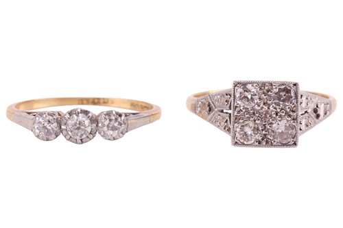 Lot 229 - A diamond trilogy ring and a cluster ring; The...