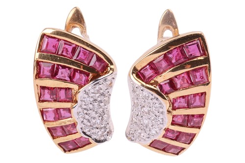 Lot 2 - A pair of ruby and diamond earrings, of fan...