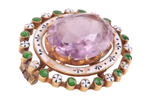 Lot 67 - A Victorian amethyst and enamel brooch, the...