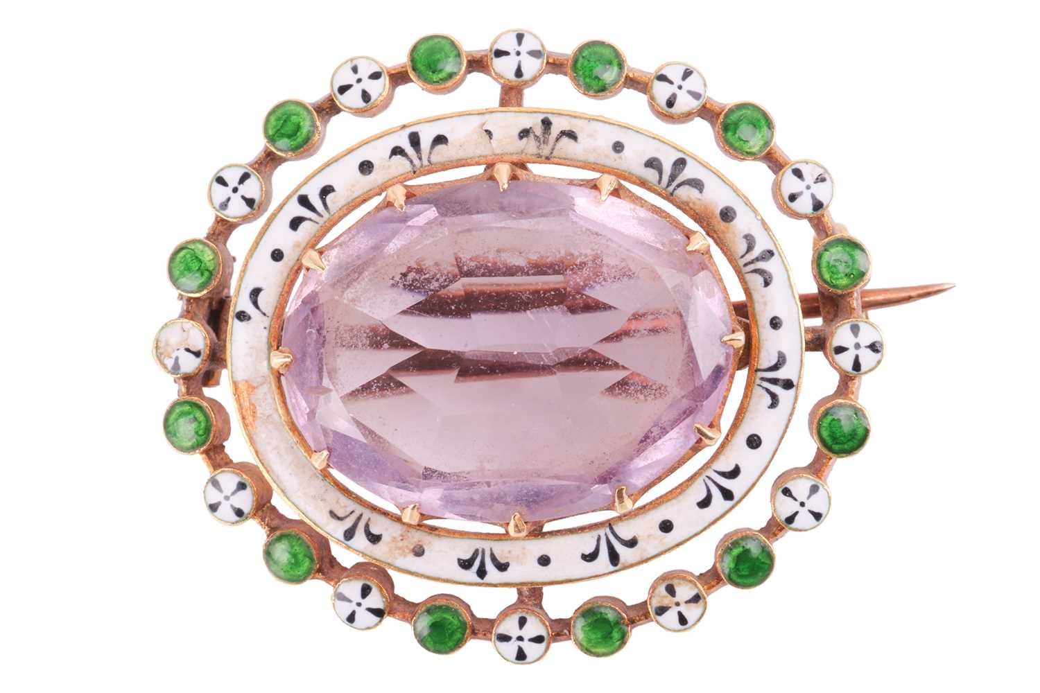 Lot 67 - A Victorian amethyst and enamel brooch, the...