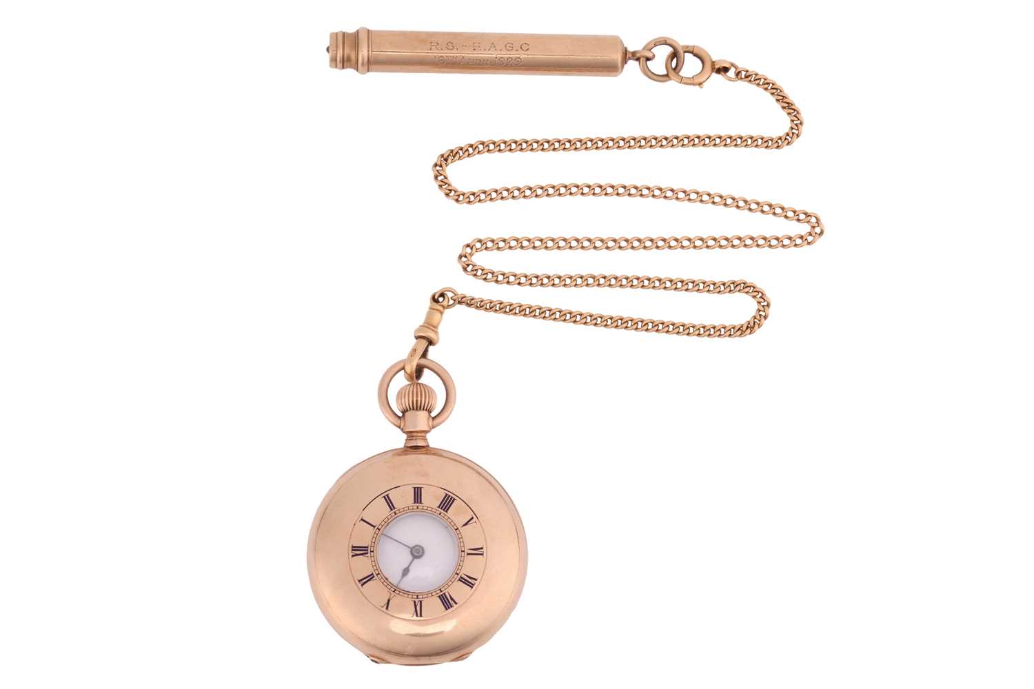 Lot 285 - A half hunter pocket watch, to an Albert chain,...