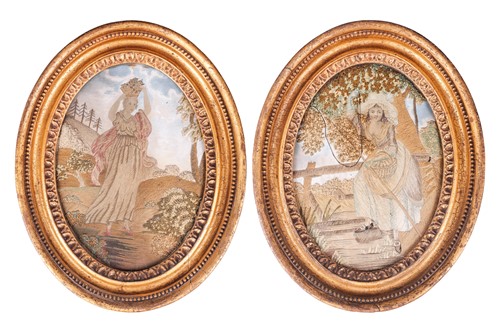 Lot 128 - A pair of George III silk work figural...