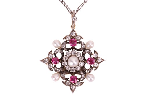 Lot 167 - A diamond, ruby and natural pearl pendant on...