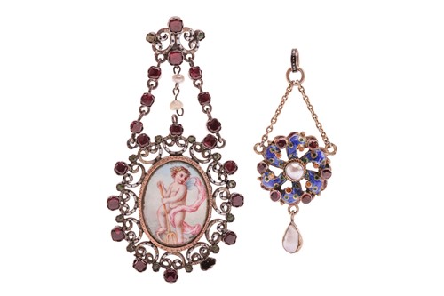 Lot 58 - A gem-set porcelain pendant and another; the...