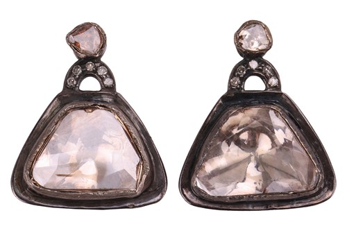 Lot 152 - A pair of diamond-set earrings of triangular...