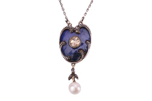 Lot 155 - A Victorian diamond, pearl and enamel drop...