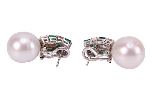 Lot 80 - A pair of pearl, emerald and diamond earrings,...
