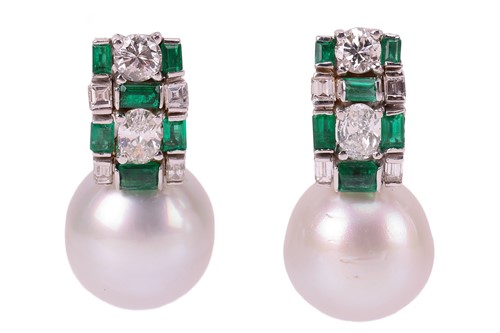 Lot 93 - A pair of pearl, emerald and diamond earrings,...