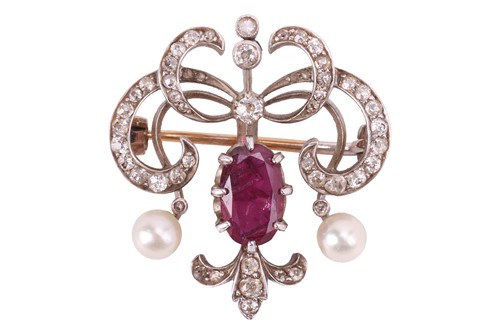 Lot 13 - A late Victorian gem-set brooch, of scrollwork...