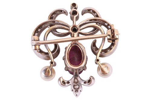Lot 13 - A late Victorian gem-set brooch, of scrollwork...