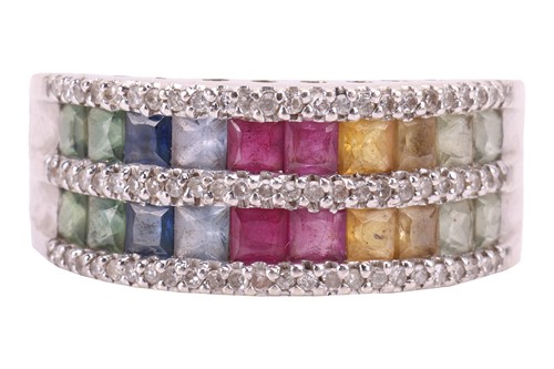 Lot 57 - A gem-set rainbow half-hoop ring, comprising...