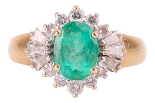 Lot 148 - An emerald and diamond cluster ring, claw-set...