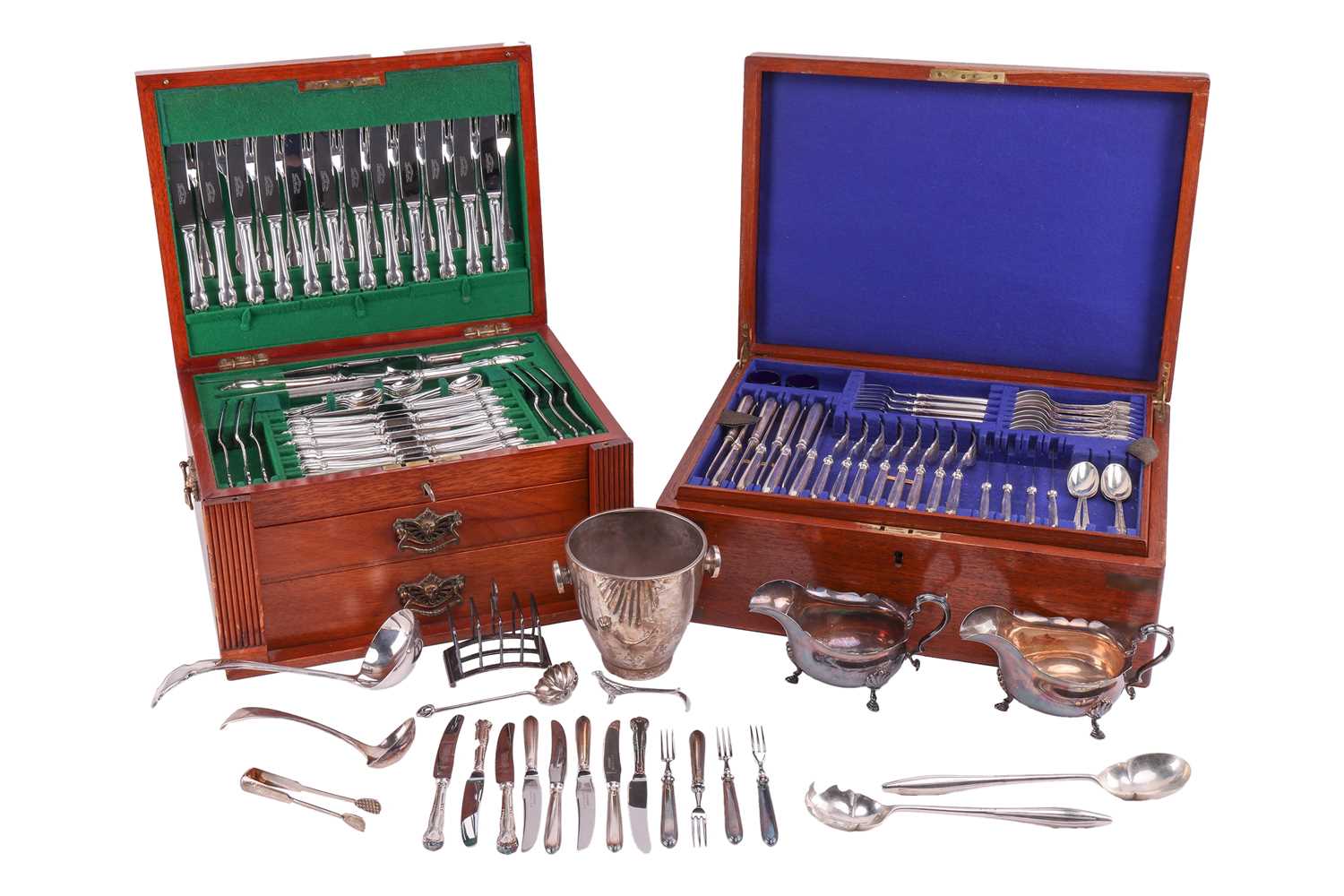 Lot 83 - Two silver-plated canteens in brass-bound oak...