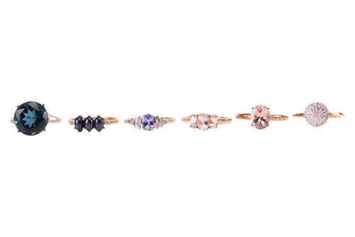 Lot 45 - A collection of six gem-set rings in 9ct gold;...