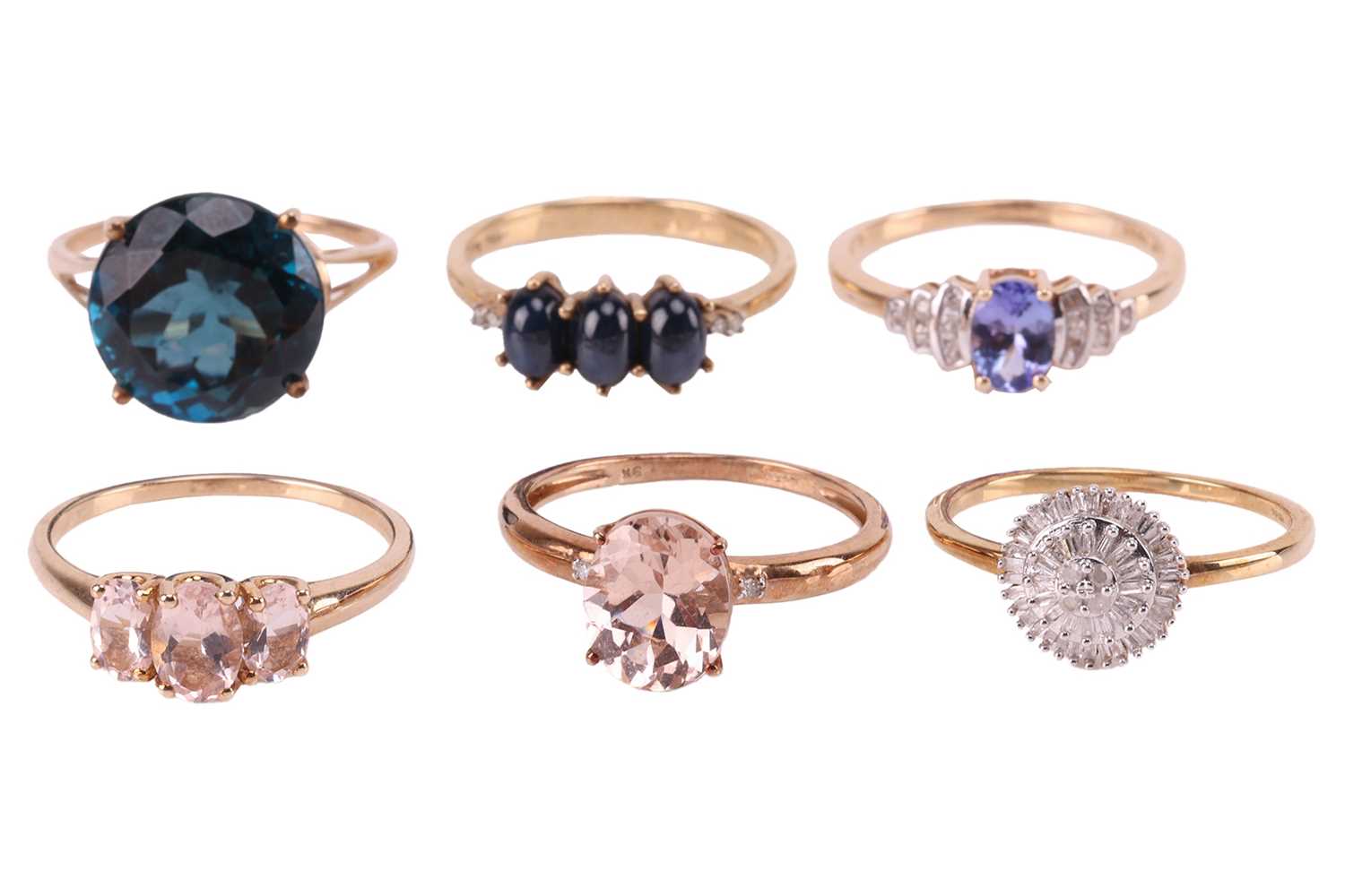 Lot 45 - A collection of six gem-set rings in 9ct gold;...