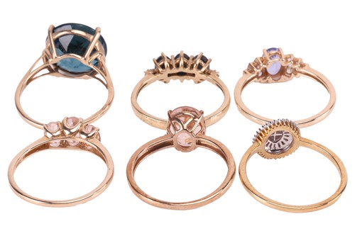 Lot 45 - A collection of six gem-set rings in 9ct gold;...