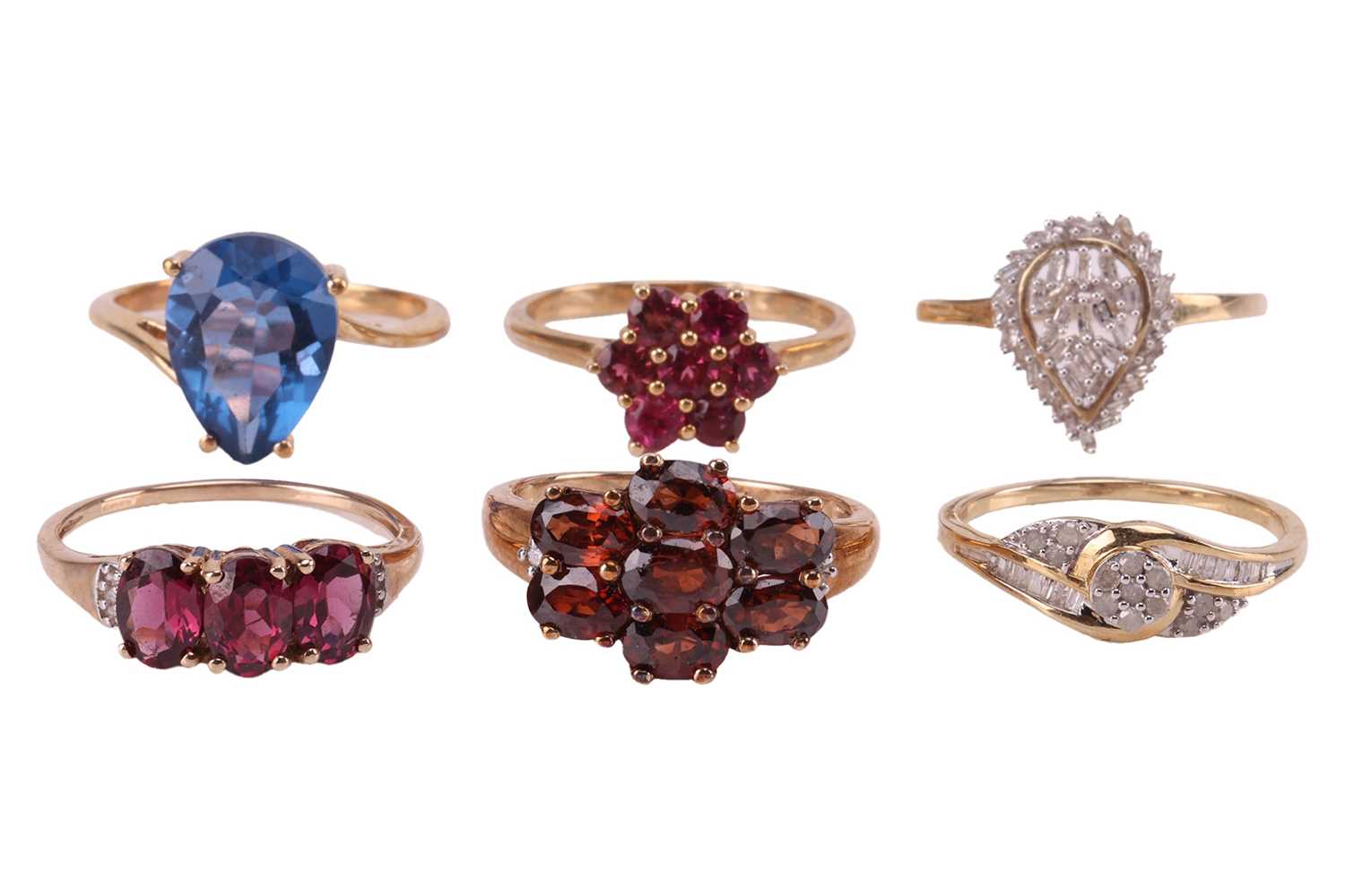 Lot 5 - A group of six gem-set rings in 9ct gold;