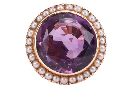 Lot 31 - A large amethyst and seed pearl cocktail ring,...