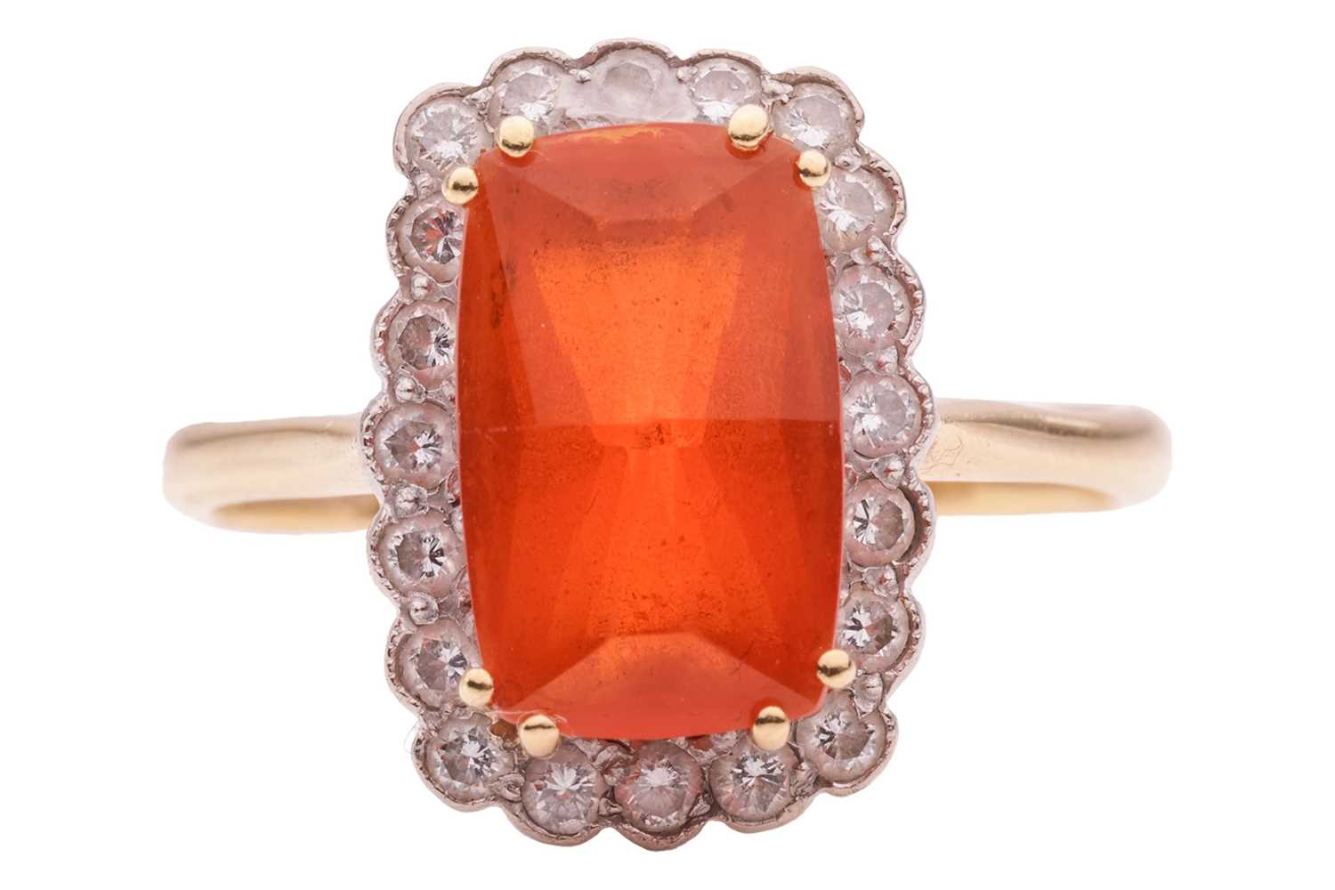 Lot 4 - A fire opal and diamond halo ring in 18ct gold,...