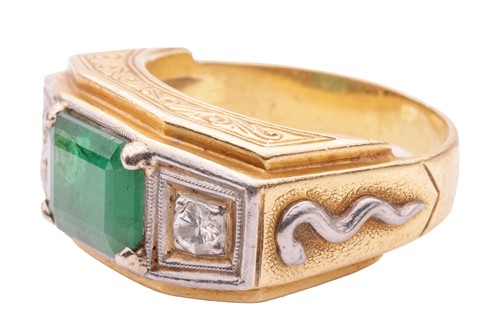 Lot 106 - An emerald and diamond trilogy ring, claw-set...