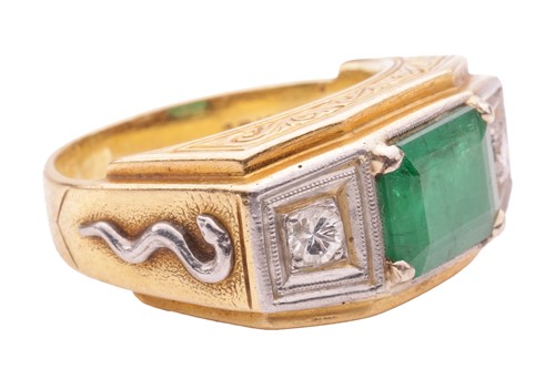 Lot 106 - An emerald and diamond trilogy ring, claw-set...