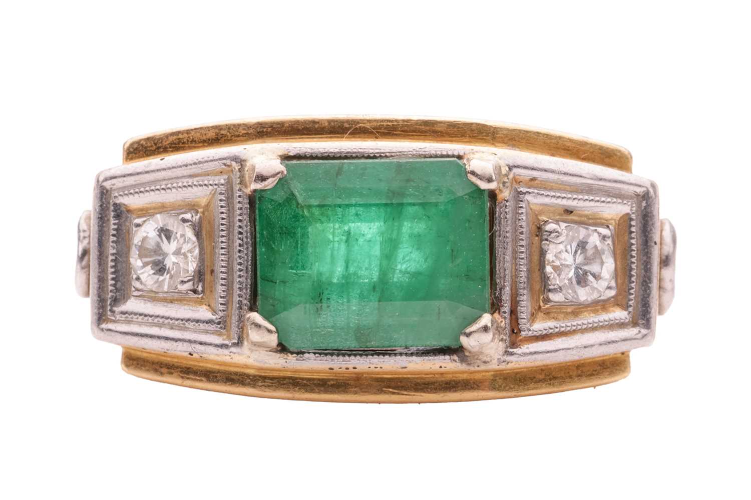 Lot 106 - An emerald and diamond trilogy ring, claw-set...