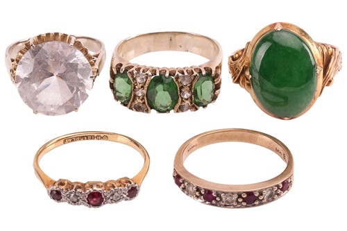 Lot 75 - Five gem-set rings; to include a jadeite...