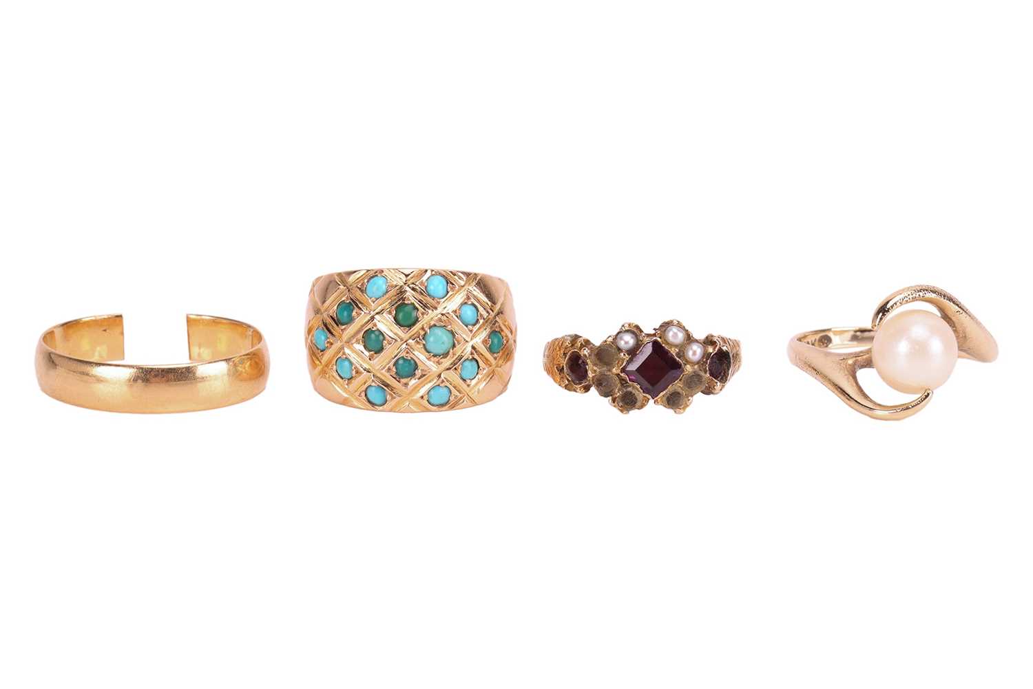 Lot 2 - Three gem-set dress rings and a wedding band;...