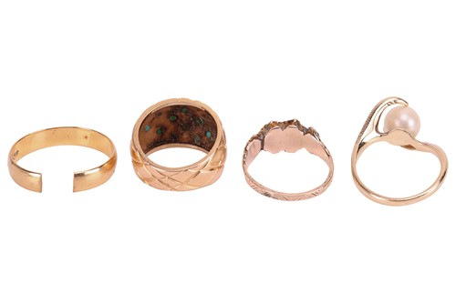 Lot 2 - Three gem-set dress rings and a wedding band;...