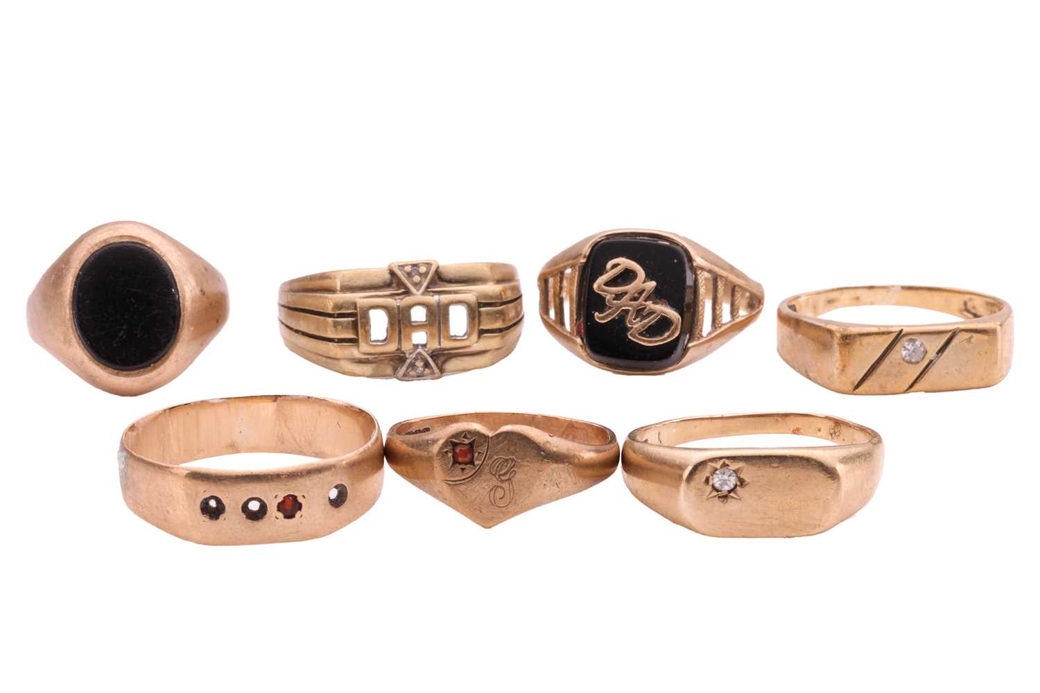 Lot 52 - A group of 9ct gold rings, to include two...