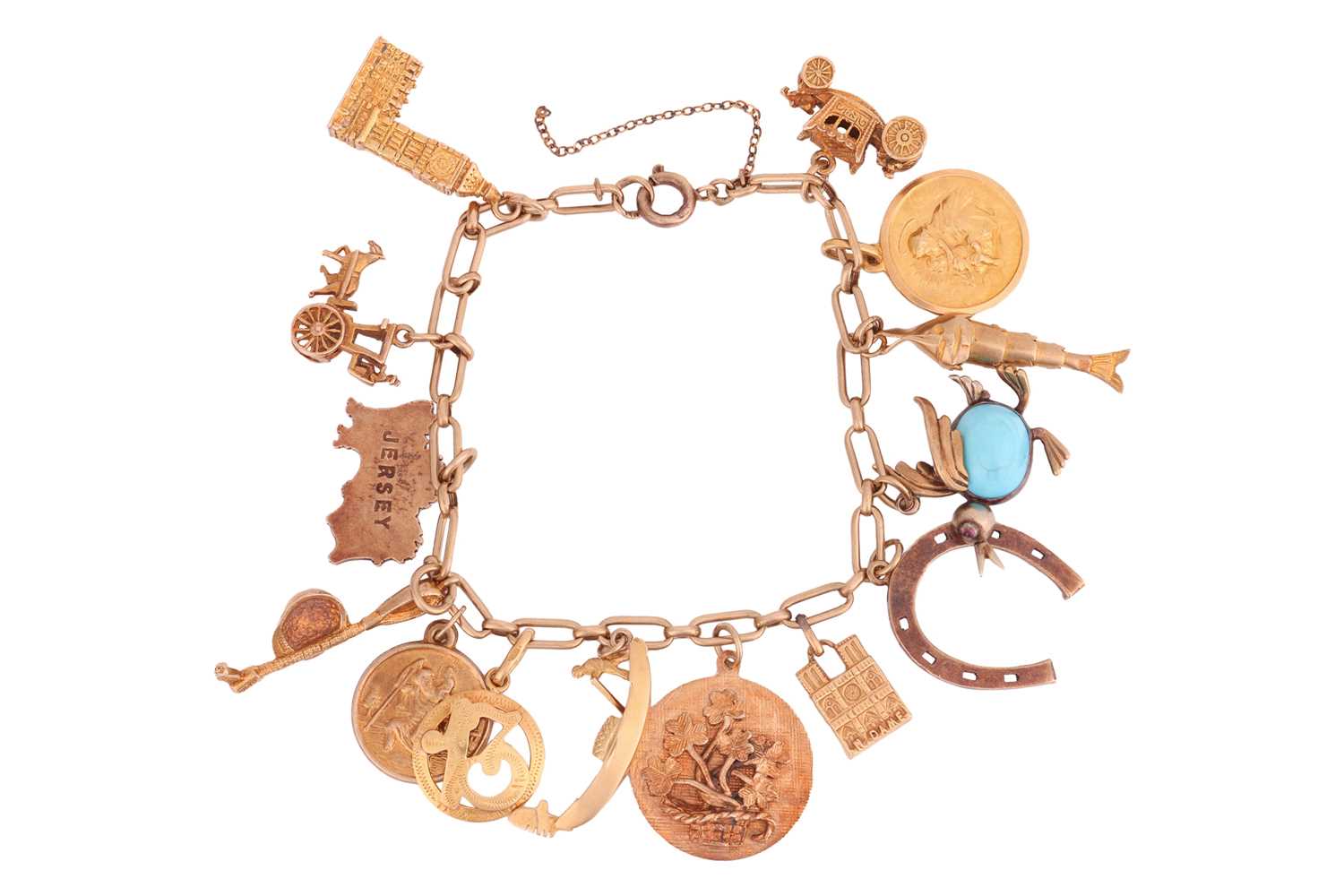 Lot 120 - A charm bracelet; comprising a Figaro link...