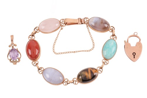 Lot 144 - A hardstone bracelet set with lace agate,...