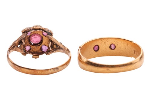 Lot 9 - Two ruby, pearl and paste rings; each set with...