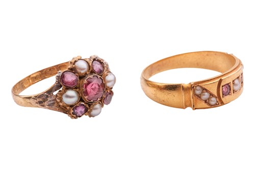 Lot 9 - Two ruby, pearl and paste rings; each set with...