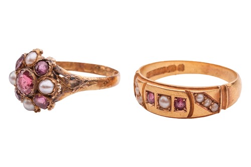 Lot 9 - Two ruby, pearl and paste rings; each set with...