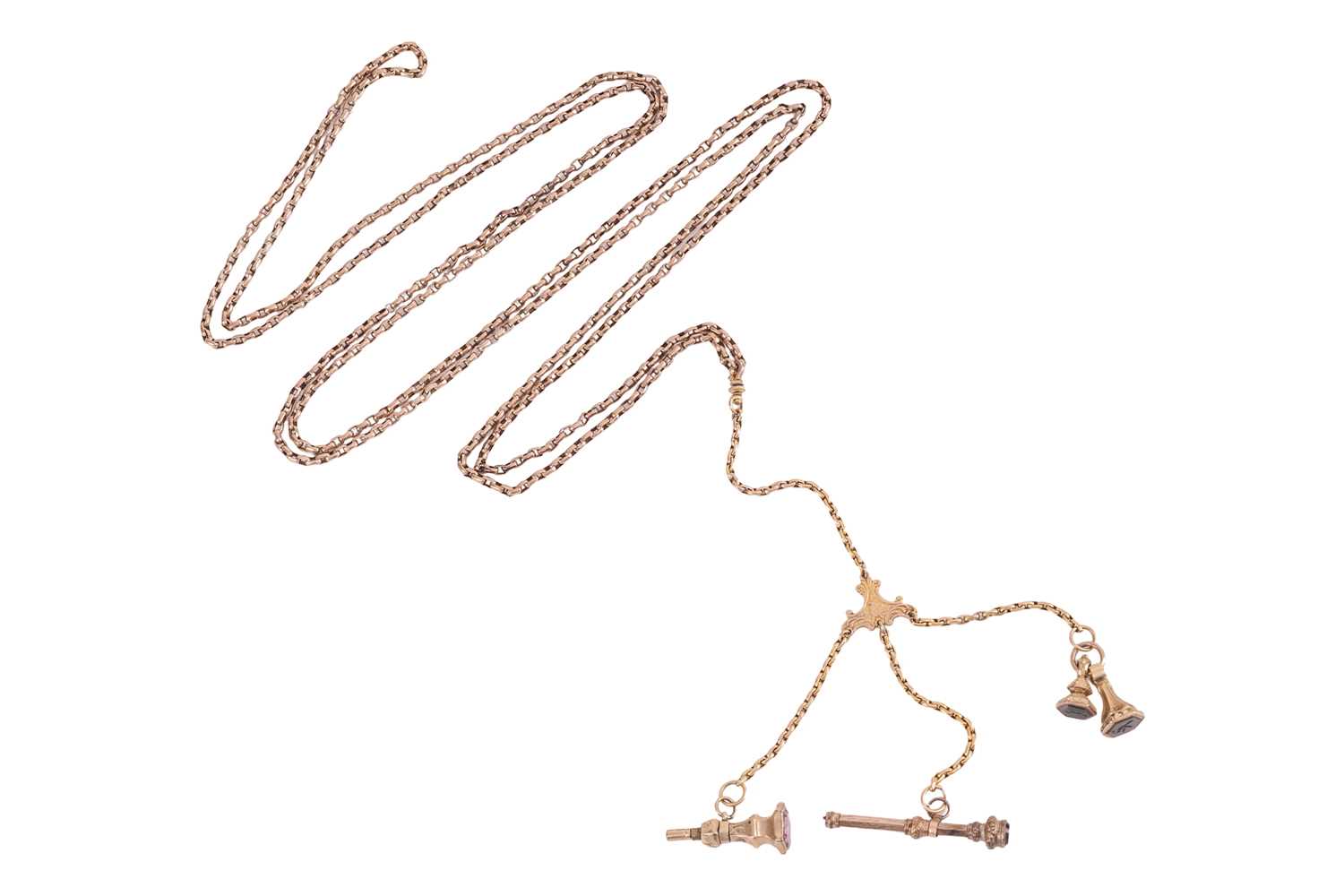 Lot 128 - A long fob chain and seals, comprising three...